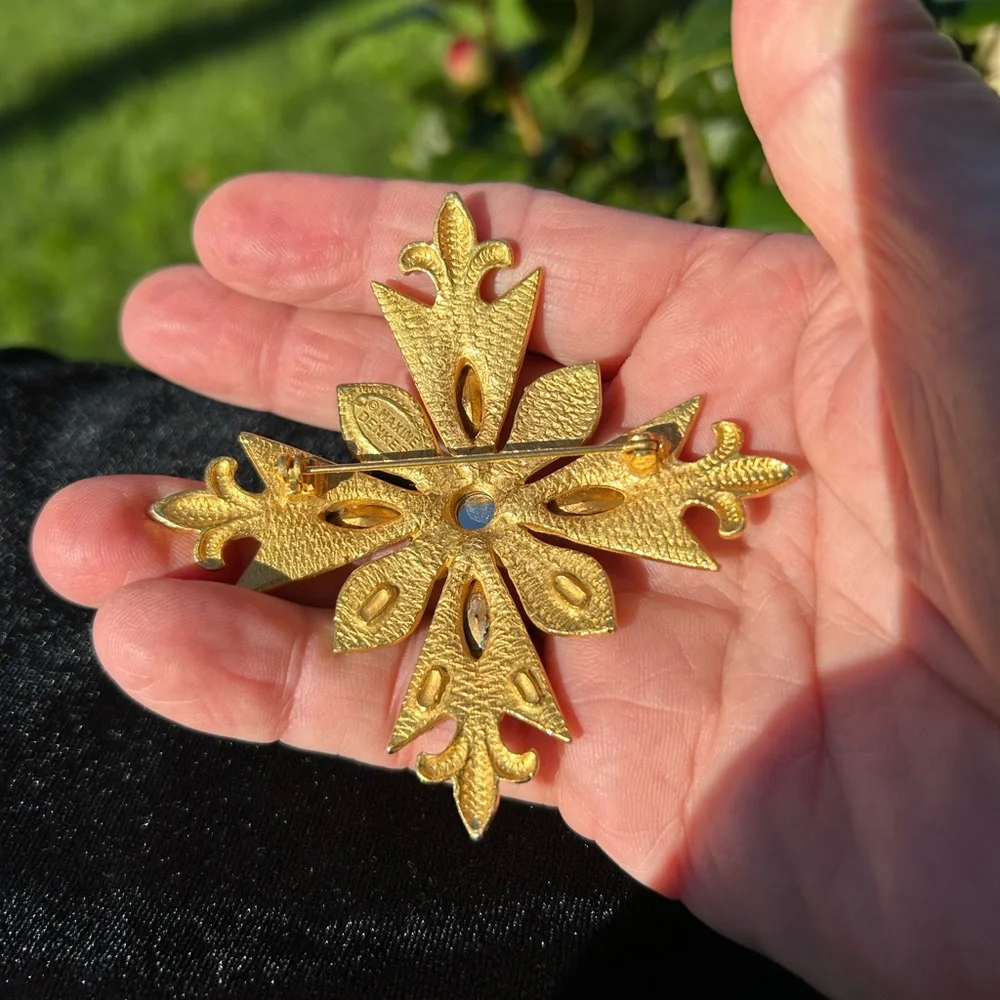 Maltese Cross with Fleur de Lis Brooch Rhinestone Purple Brown Gold Signed
